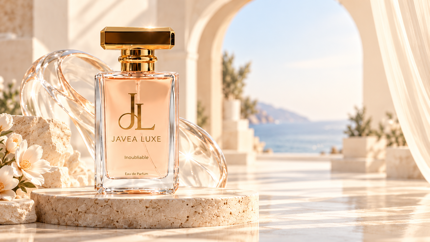 Inoubliable eau de parfum in a sunlit setting of travertine and glass