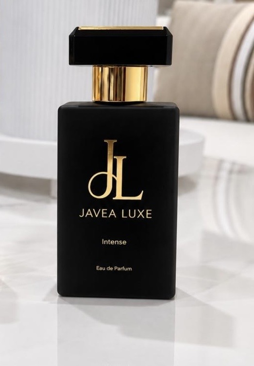 Black Intense bottle with gold monogram and neck